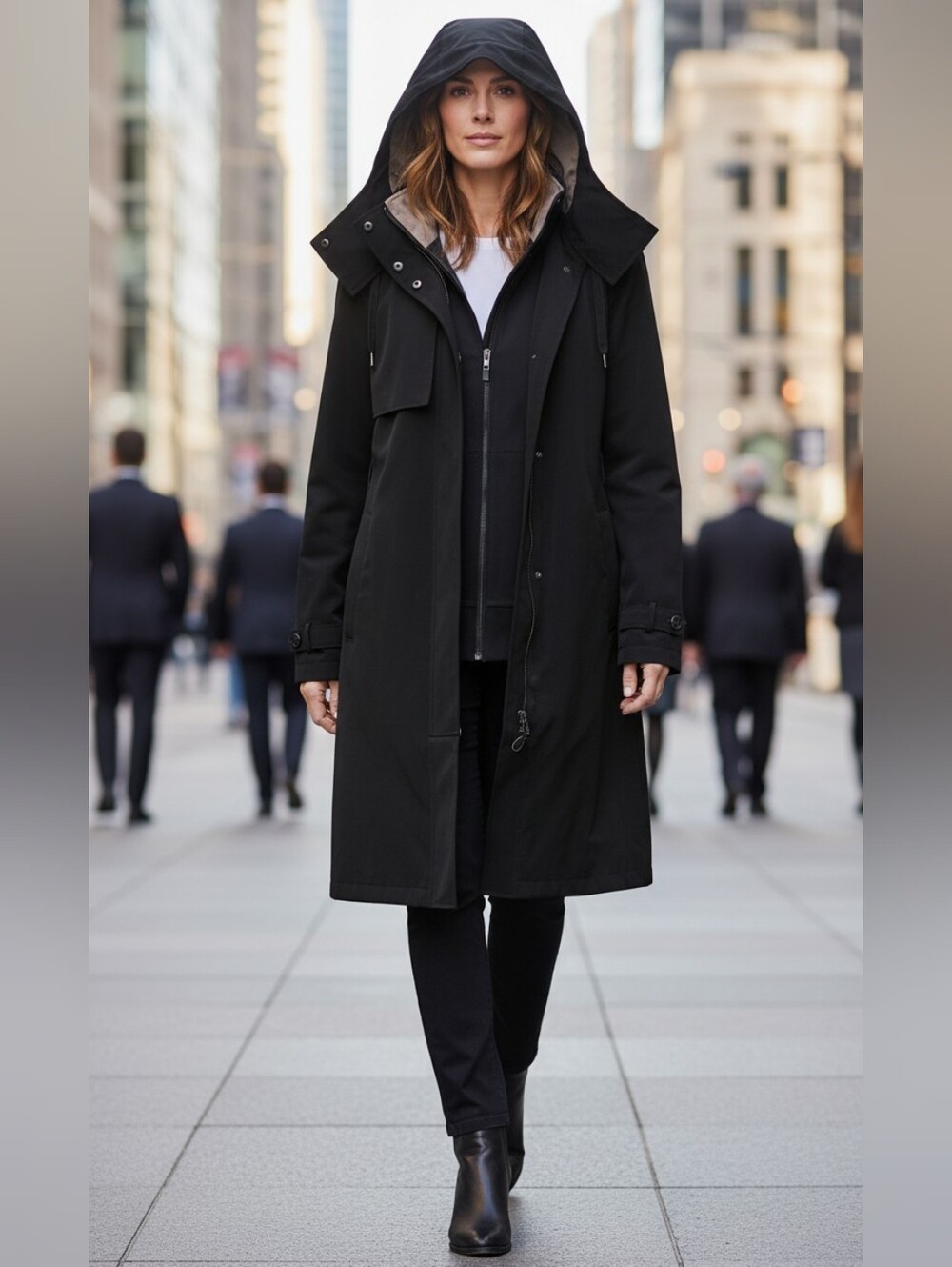 Gallery Woman Black Hooded Trench Coat Weatherproof Rain Jacket Size 18/20 Plus